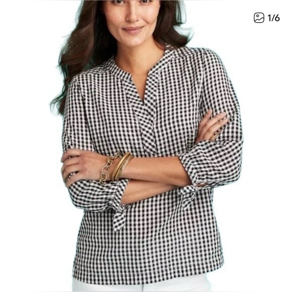 Vineyard Vines Black & White Gingham Tie-Sleeve Blouse